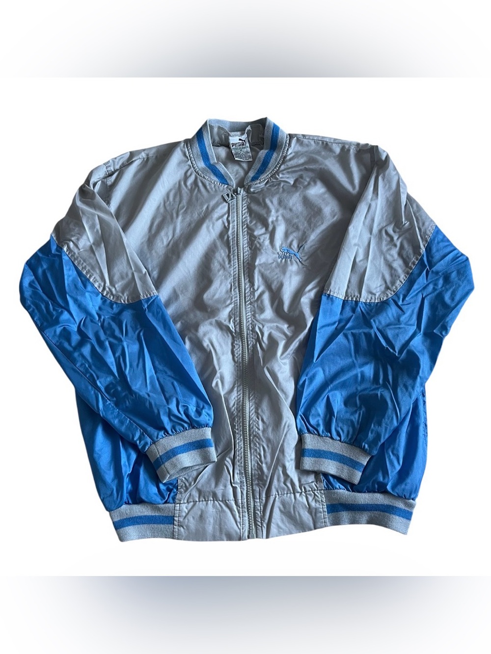 Vintage Puma Jacket Mens Medium Gray Blue Colorblock Nylon Windbreaker 90s